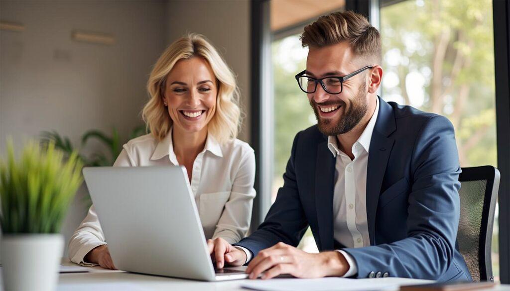 Two professionals collaborating on laptop to highlight meals, networking and sessions.
